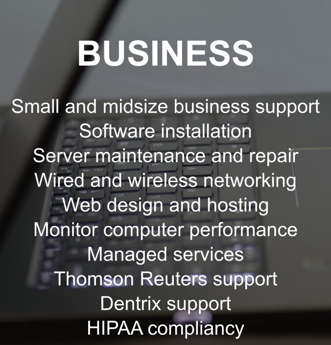 An open laptop with glowing keyboard listing business support options and managed services