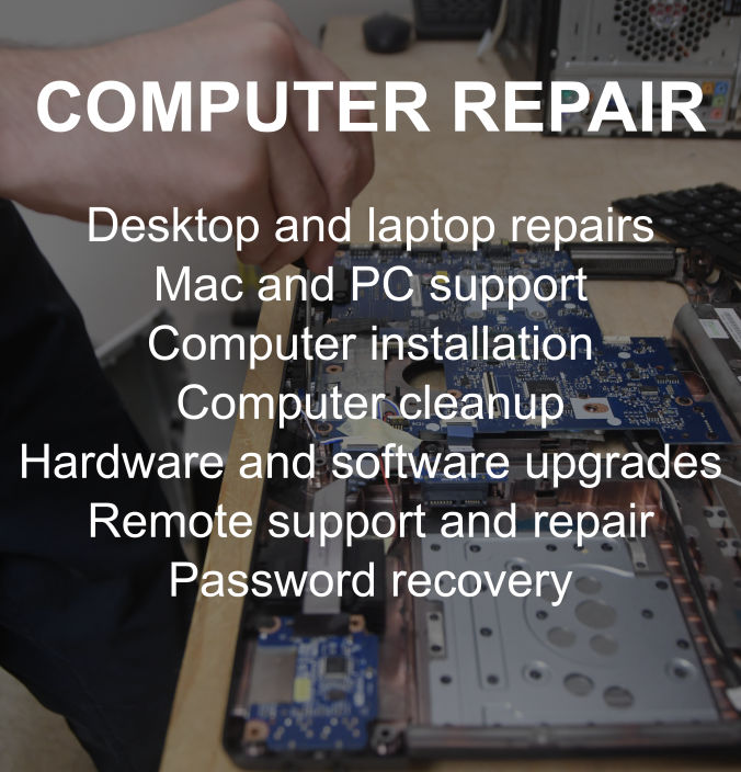 A laptop being worked on overlayed listing types of hardware repairs offered