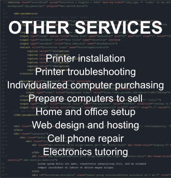 Website coding listing other computer related services offered